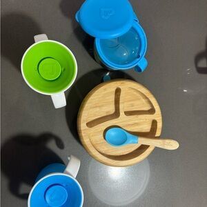 Blue and Green Baby Feeding Set with Bamboo Plate